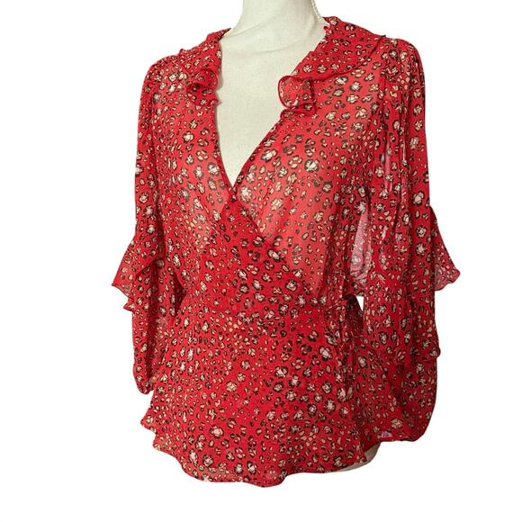 Zara RED animal print WRAP blouse V neck tie close sheer ruffle size M medium - Picture 1 of 15